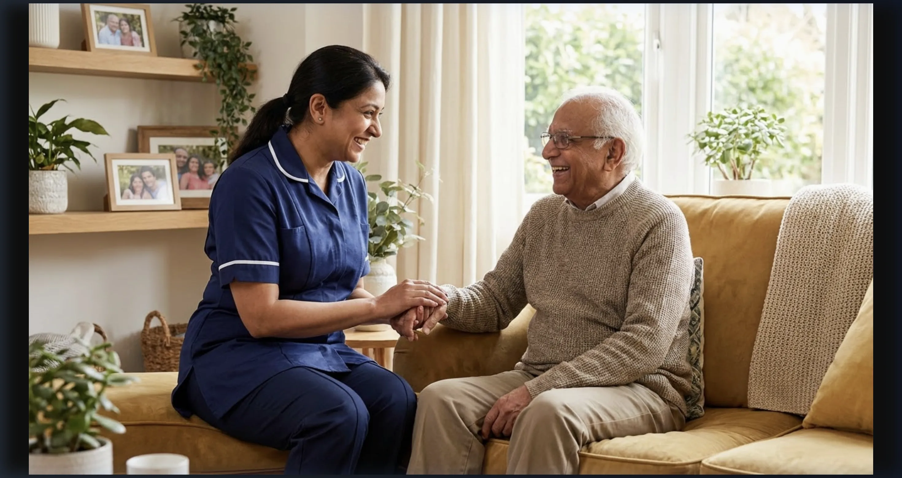 Professional caregiver and elderly man sharing a kind moment